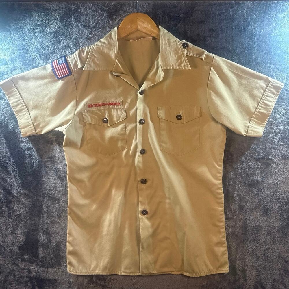 VTG 1960’s Boy Scouts Of America Uniform Button Down Shirt Youth Boys Large Tan